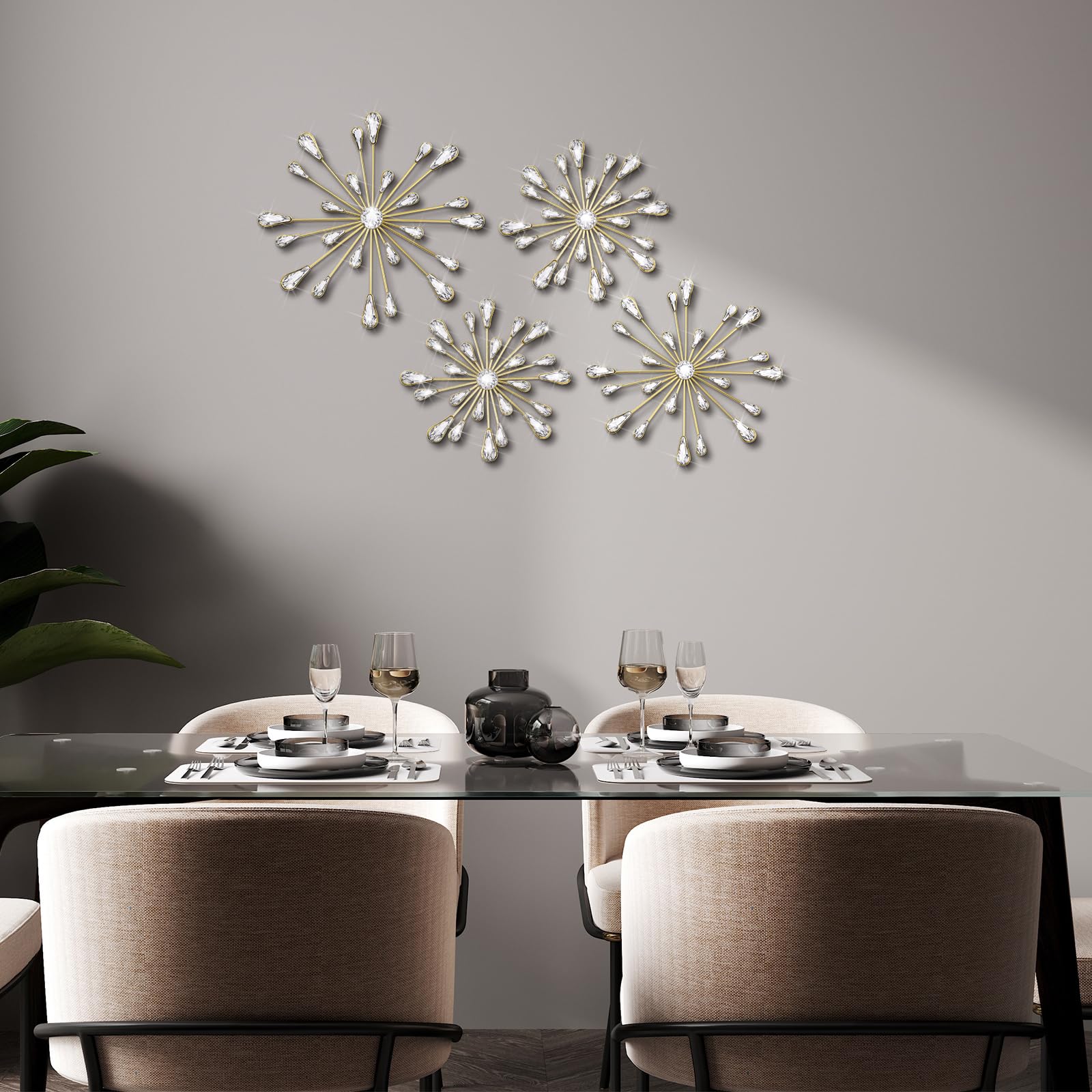 Gold 4 Pcs Starburst Wall Decor Bling Wall Art Crystal Teardrop 3D Hanging Rhinestone Radial Metal Artwork Modern Accent Sculptures Decorations for Living Room Home Office Bedroom