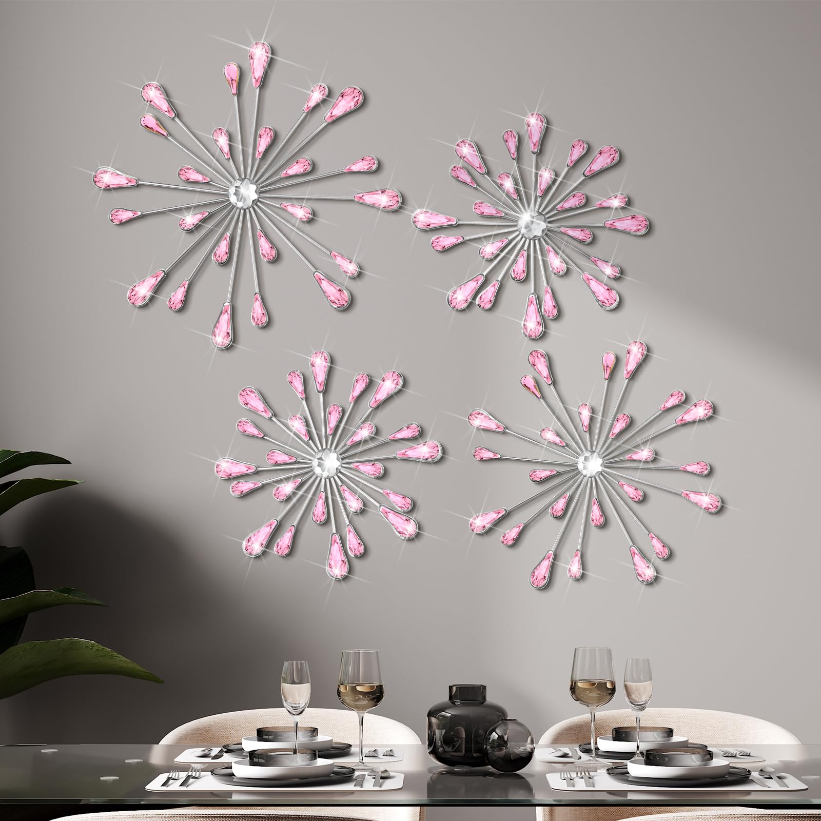 Pink 4 Pcs Starburst Wall Decor Bling Wall Art Crystal Teardrop 3D Hanging Rhinestone Radial Metal Artwork Modern Accent Sculptures Decorations for Living Room Home Office Bedroom
