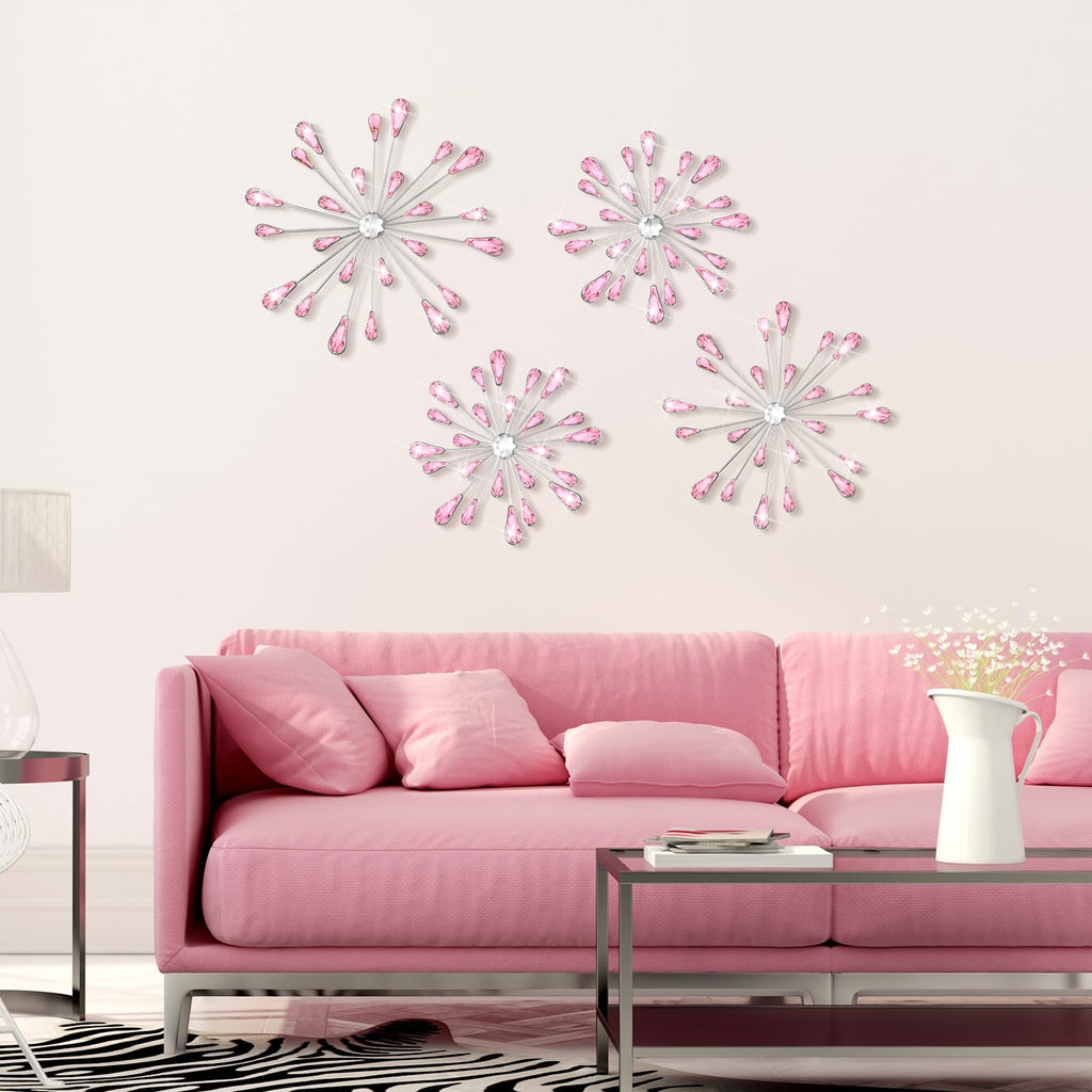 Pink 4 Pcs Starburst Wall Decor Bling Wall Art Crystal Teardrop 3D Hanging Rhinestone Radial Metal Artwork Modern Accent Sculptures Decorations for Living Room Home Office Bedroom
