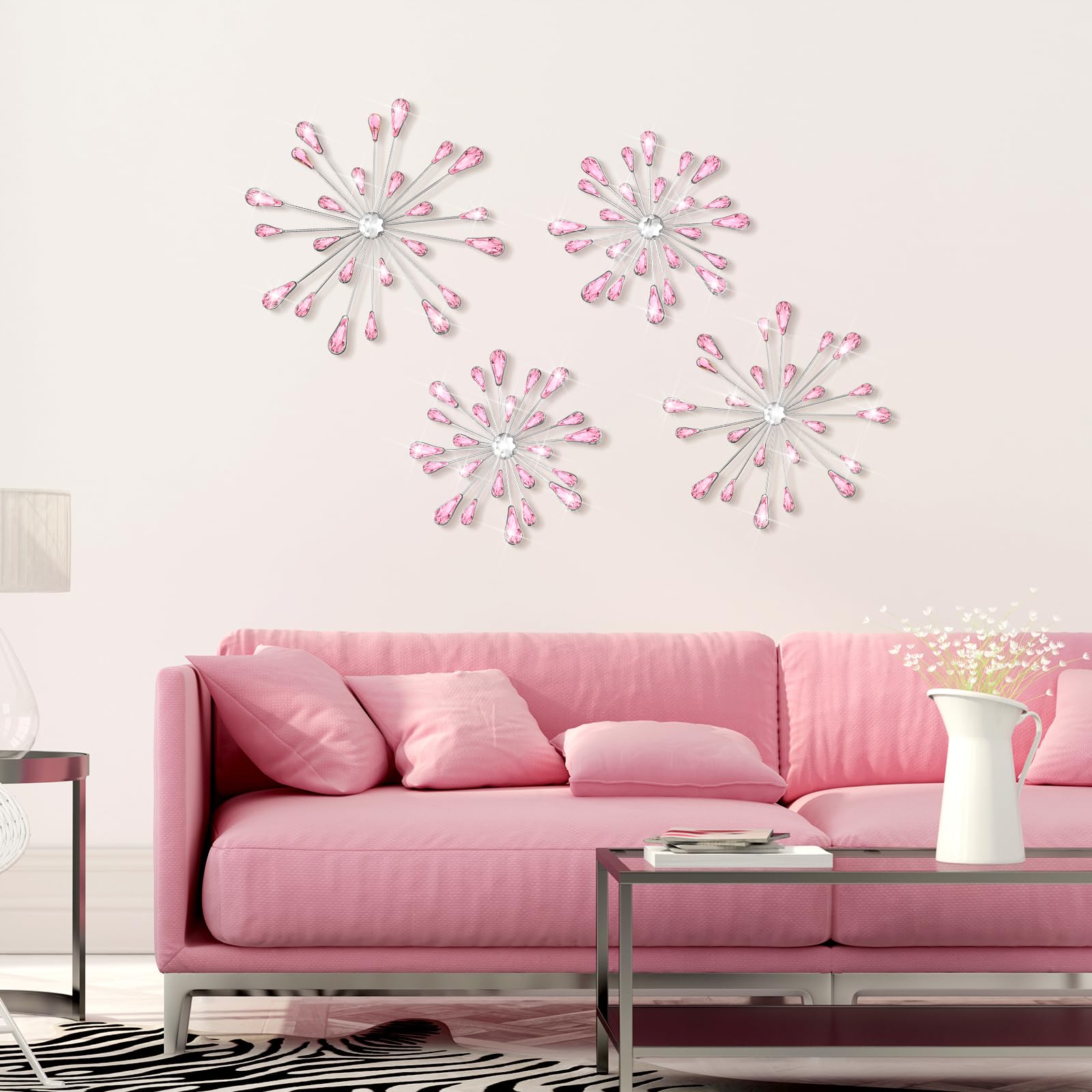 Pink 4 Pcs Starburst Wall Decor Bling Wall Art Crystal Teardrop 3D Hanging Rhinestone Radial Metal Artwork Modern Accent Sculptures Decorations for Living Room Home Office Bedroom