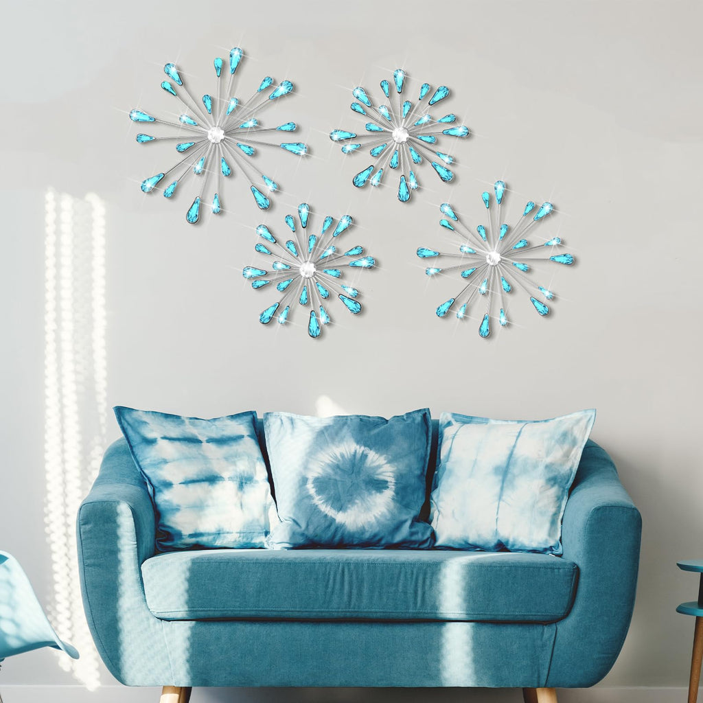Light Blue 4 Pcs Starburst Wall Decor Bling Wall Art Crystal Teardrop 3D Hanging Rhinestone Radial Metal Artwork Modern Accent Sculptures Decorations for Living Room Home Office Bedroom