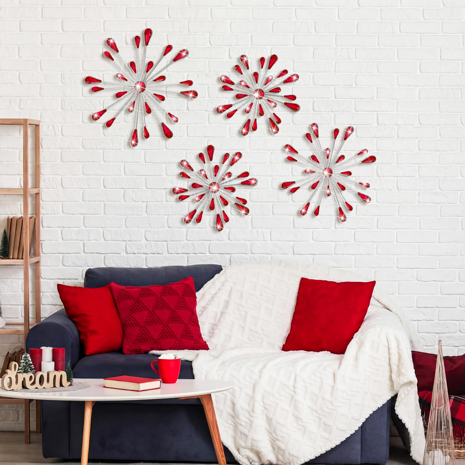 Red 4 Pcs Starburst Wall Decor Bling Wall Art Crystal Teardrop 3D Hanging Rhinestone Radial Metal Artwork Modern Accent Sculptures Decorations for Living Room Home Office Bedroom (Copy)