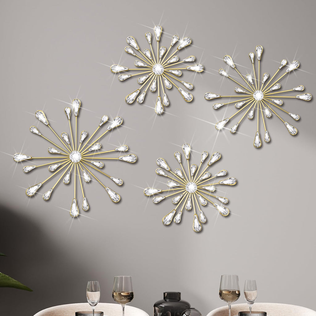 Gold 4 Pcs Starburst Wall Decor Bling Wall Art Crystal Teardrop 3D Hanging Rhinestone Radial Metal Artwork Modern Accent Sculptures Decorations for Living Room Home Office Bedroom