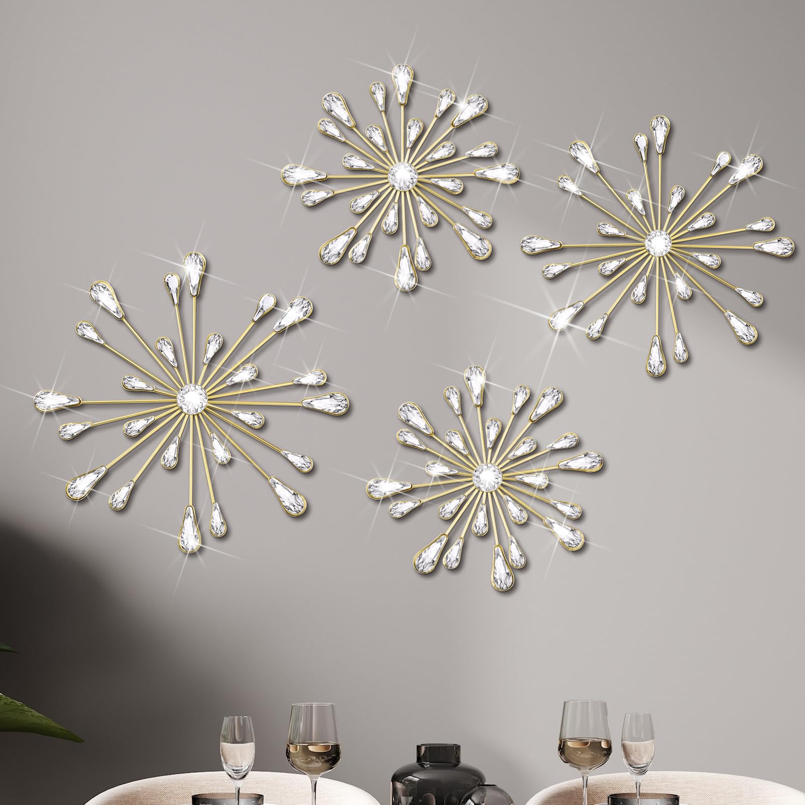 Gold 4 Pcs Starburst Wall Decor Bling Wall Art Crystal Teardrop 3D Hanging Rhinestone Radial Metal Artwork Modern Accent Sculptures Decorations for Living Room Home Office Bedroom
