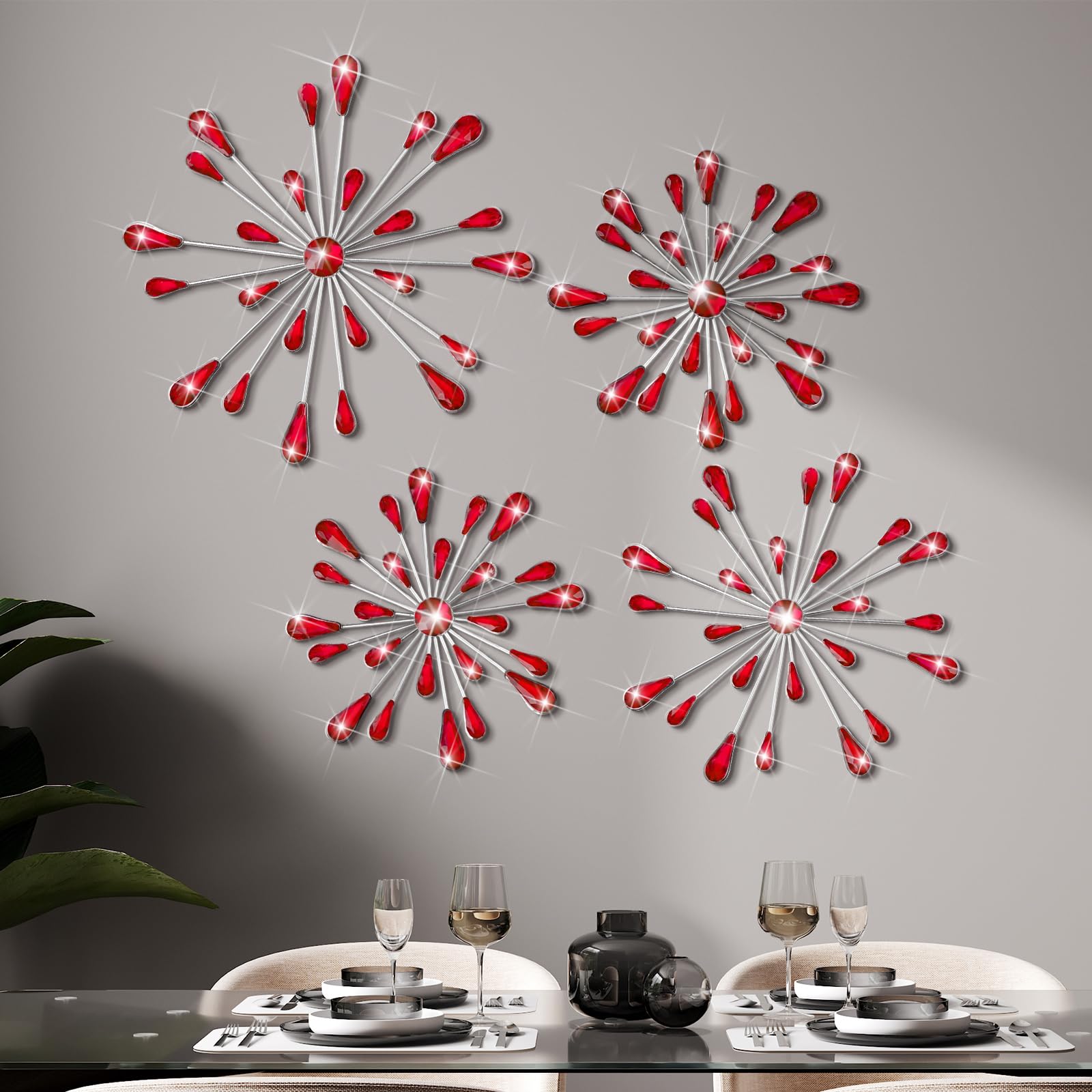 Red 4 Pcs Starburst Wall Decor Bling Wall Art Crystal Teardrop 3D Hanging Rhinestone Radial Metal Artwork Modern Accent Sculptures Decorations for Living Room Home Office Bedroom (Copy)