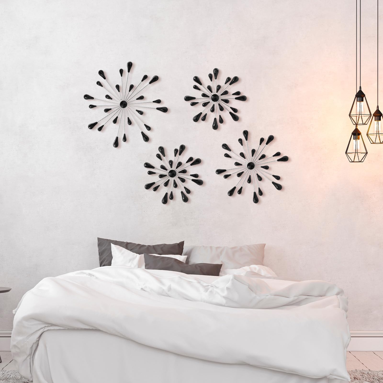 Black 4 Pcs Starburst Wall Decor Bling Wall Art Crystal Teardrop 3D Hanging Rhinestone Radial Metal Artwork Modern Accent Sculptures Decorations for Living Room Home Office Bedroom