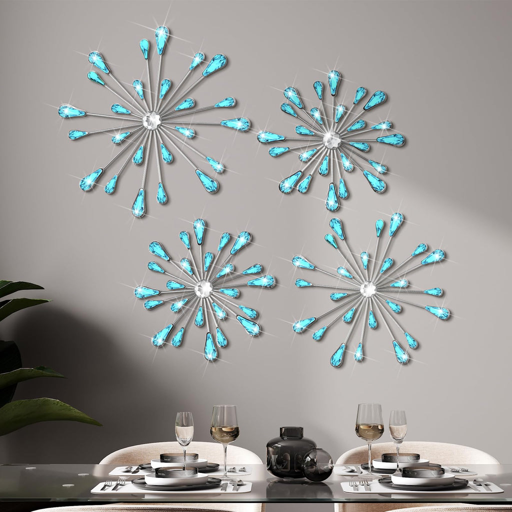 Light Blue 4 Pcs Starburst Wall Decor Bling Wall Art Crystal Teardrop 3D Hanging Rhinestone Radial Metal Artwork Modern Accent Sculptures Decorations for Living Room Home Office Bedroom