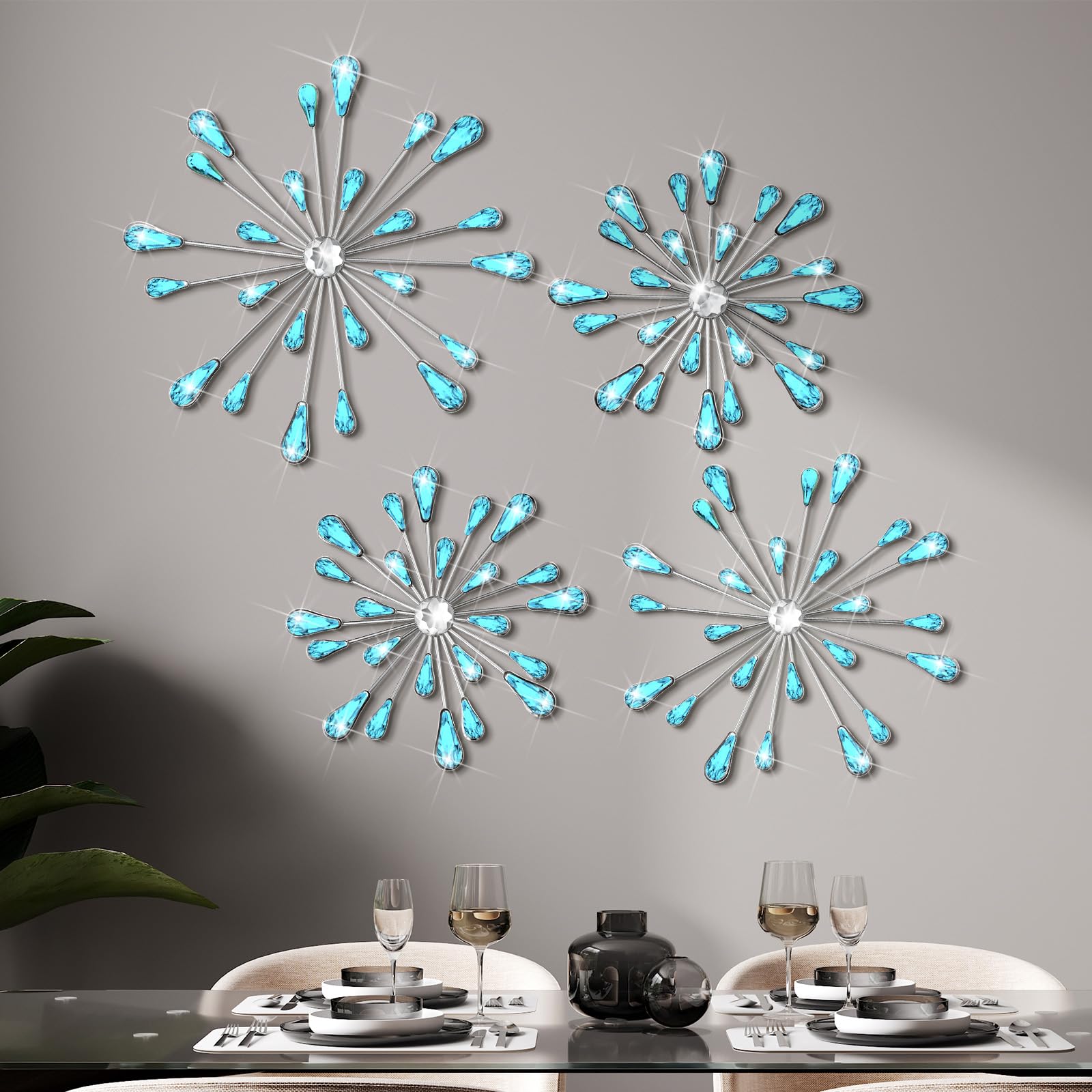 Light Blue 4 Pcs Starburst Wall Decor Bling Wall Art Crystal Teardrop 3D Hanging Rhinestone Radial Metal Artwork Modern Accent Sculptures Decorations for Living Room Home Office Bedroom