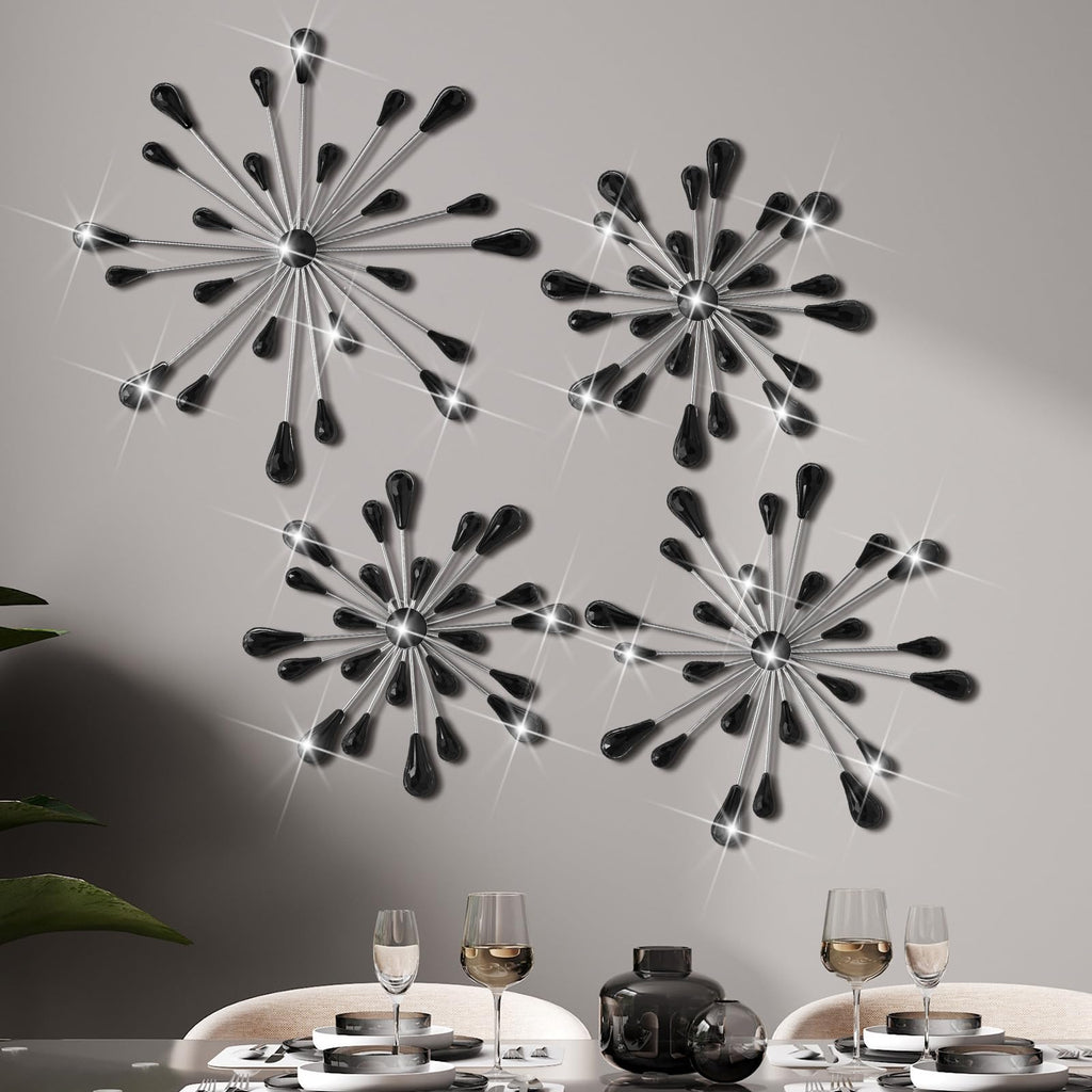 Black 4 Pcs Starburst Wall Decor Bling Wall Art Crystal Teardrop 3D Hanging Rhinestone Radial Metal Artwork Modern Accent Sculptures Decorations for Living Room Home Office Bedroom