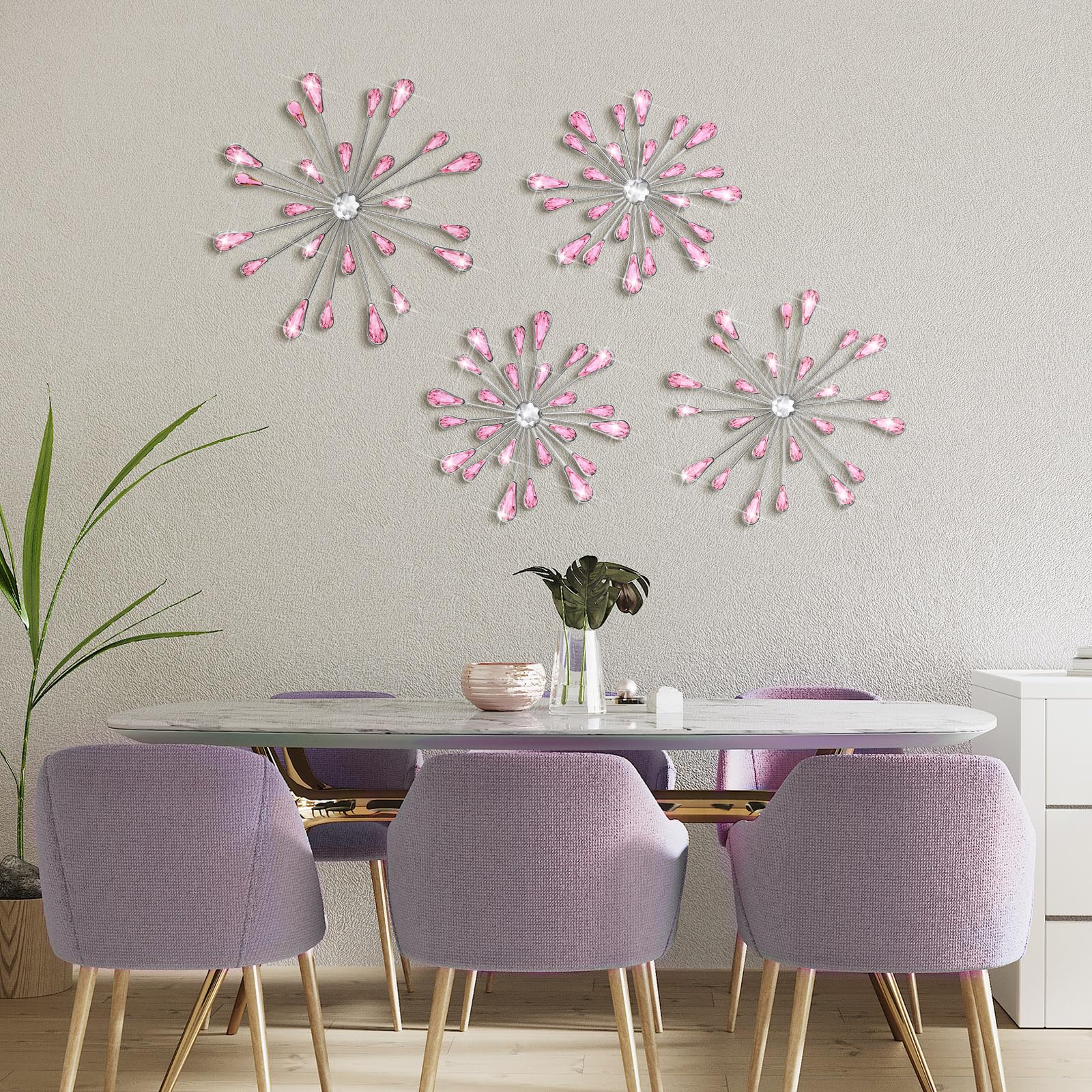 Pink 4 Pcs Starburst Wall Decor Bling Wall Art Crystal Teardrop 3D Hanging Rhinestone Radial Metal Artwork Modern Accent Sculptures Decorations for Living Room Home Office Bedroom