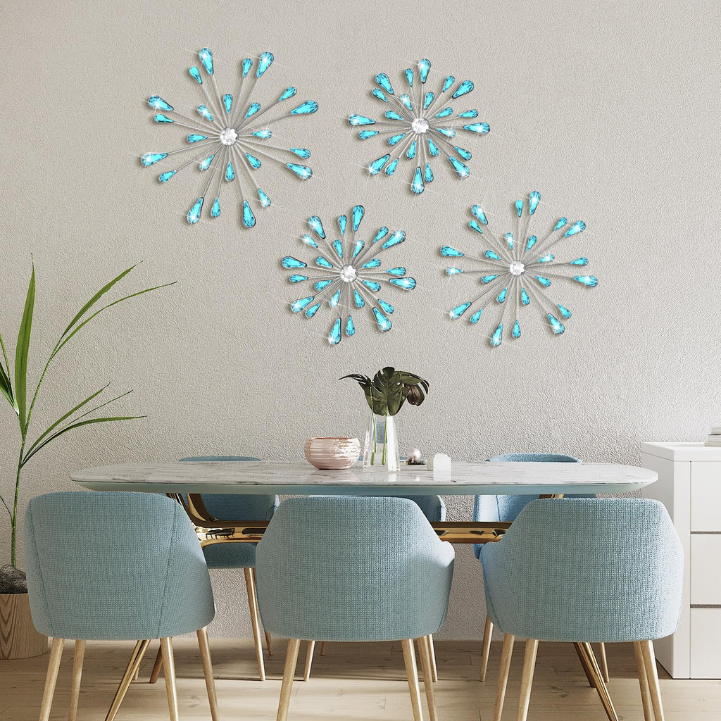 Light Blue 4 Pcs Starburst Wall Decor Bling Wall Art Crystal Teardrop 3D Hanging Rhinestone Radial Metal Artwork Modern Accent Sculptures Decorations for Living Room Home Office Bedroom