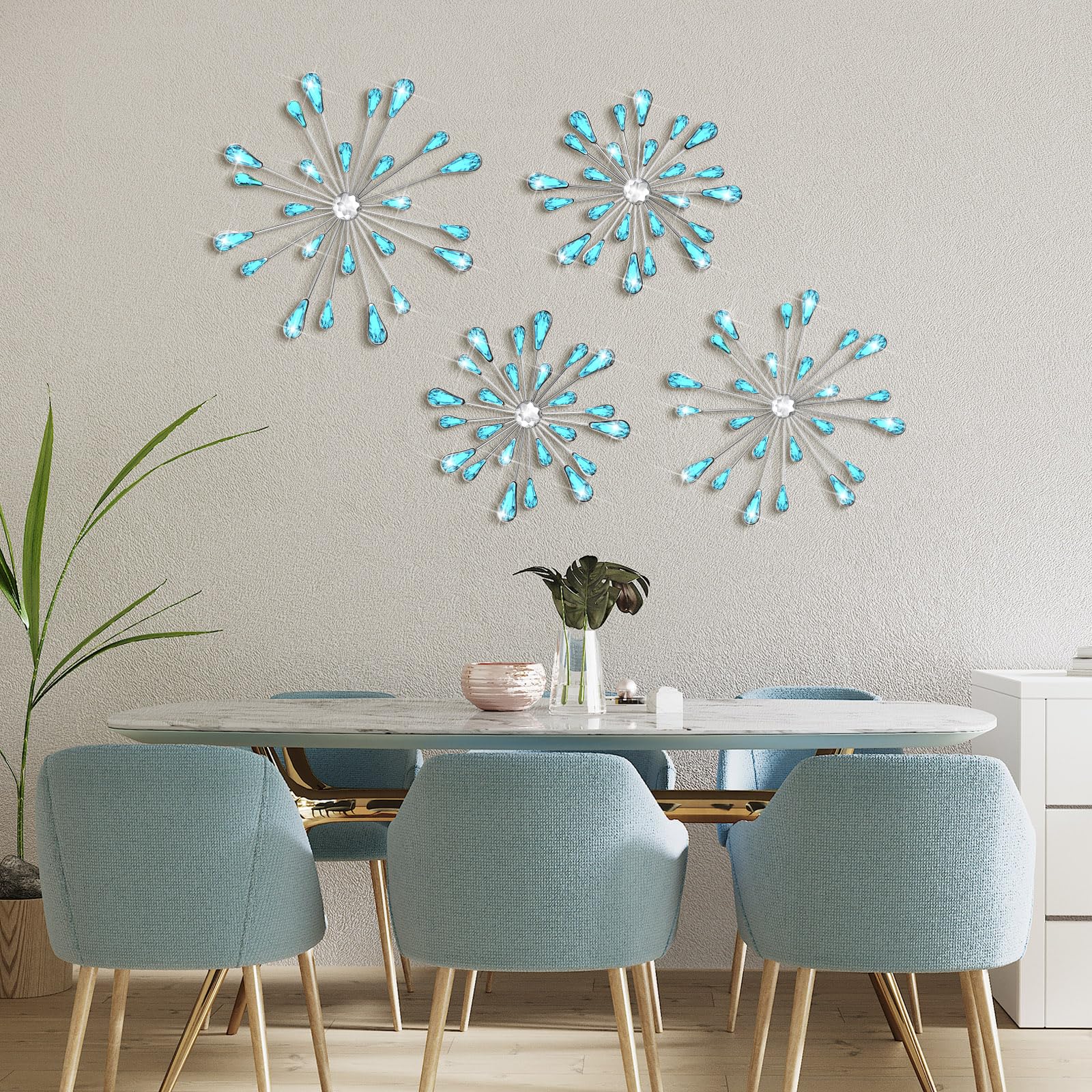 Light Blue 4 Pcs Starburst Wall Decor Bling Wall Art Crystal Teardrop 3D Hanging Rhinestone Radial Metal Artwork Modern Accent Sculptures Decorations for Living Room Home Office Bedroom